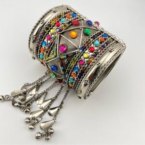Tribal Statement Cuff Bracelet – Silver Tone w/ Colorful Gems & Dangles